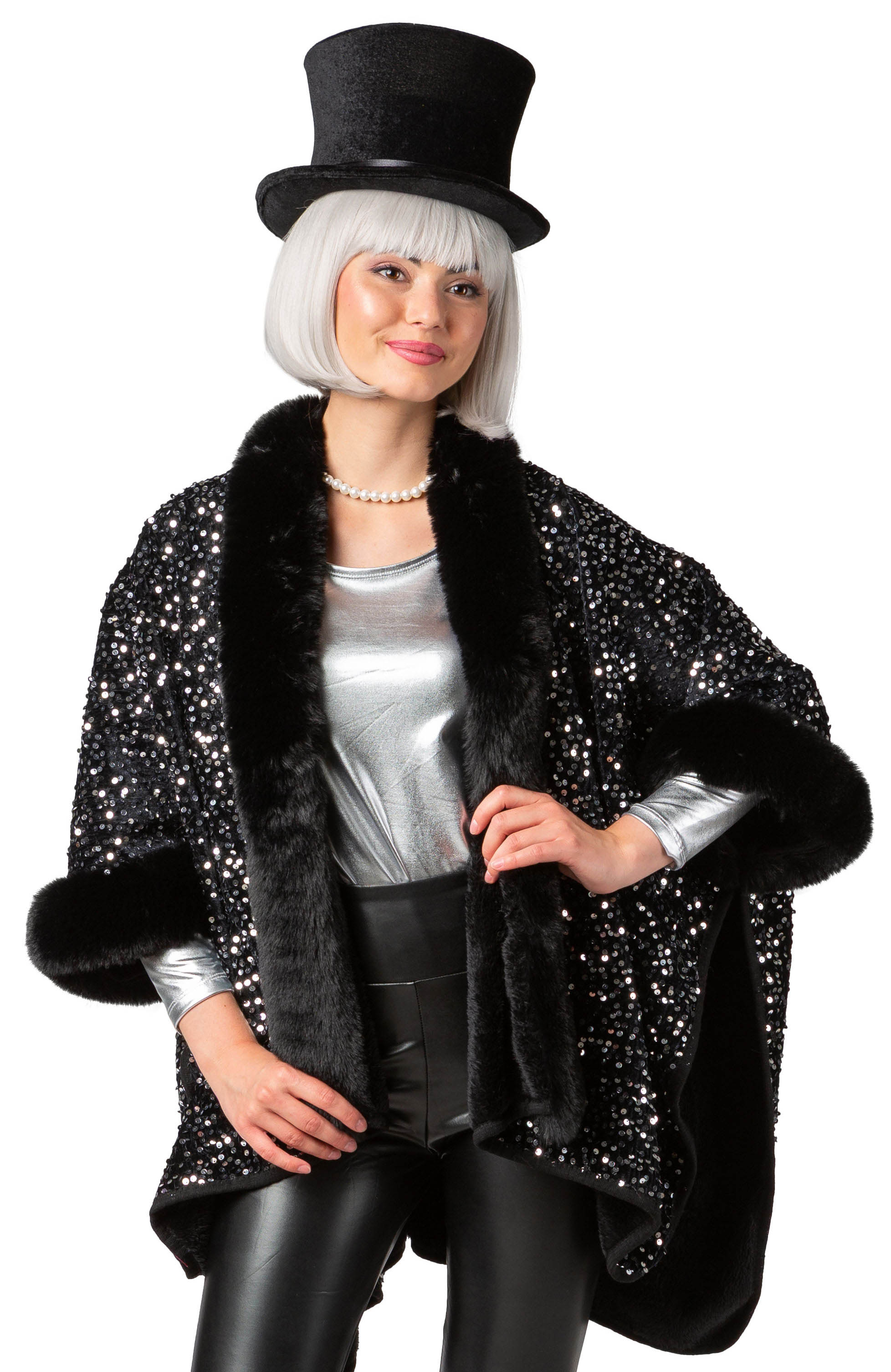 Pailettenponcho, schwarz-silber