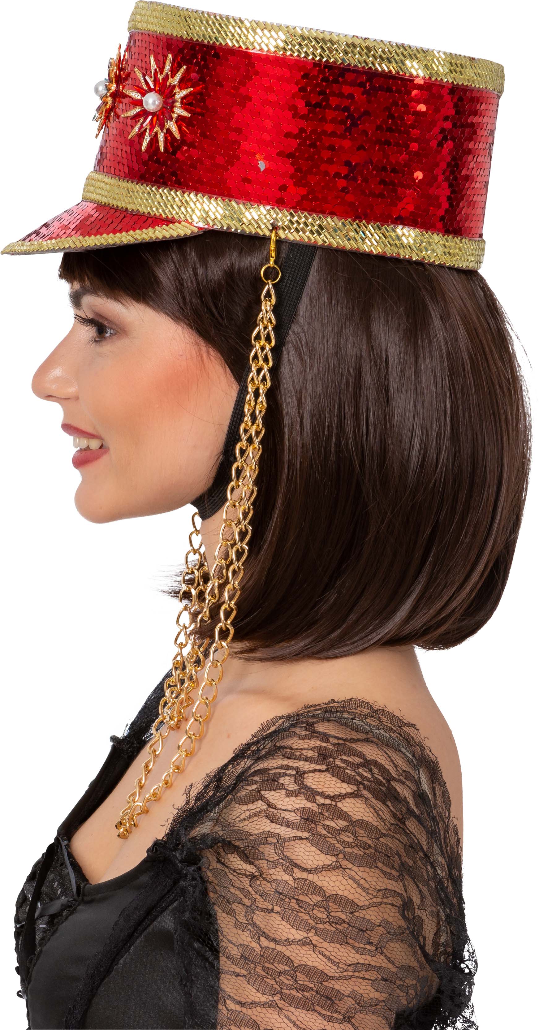 peaked cap with sequin trim, red