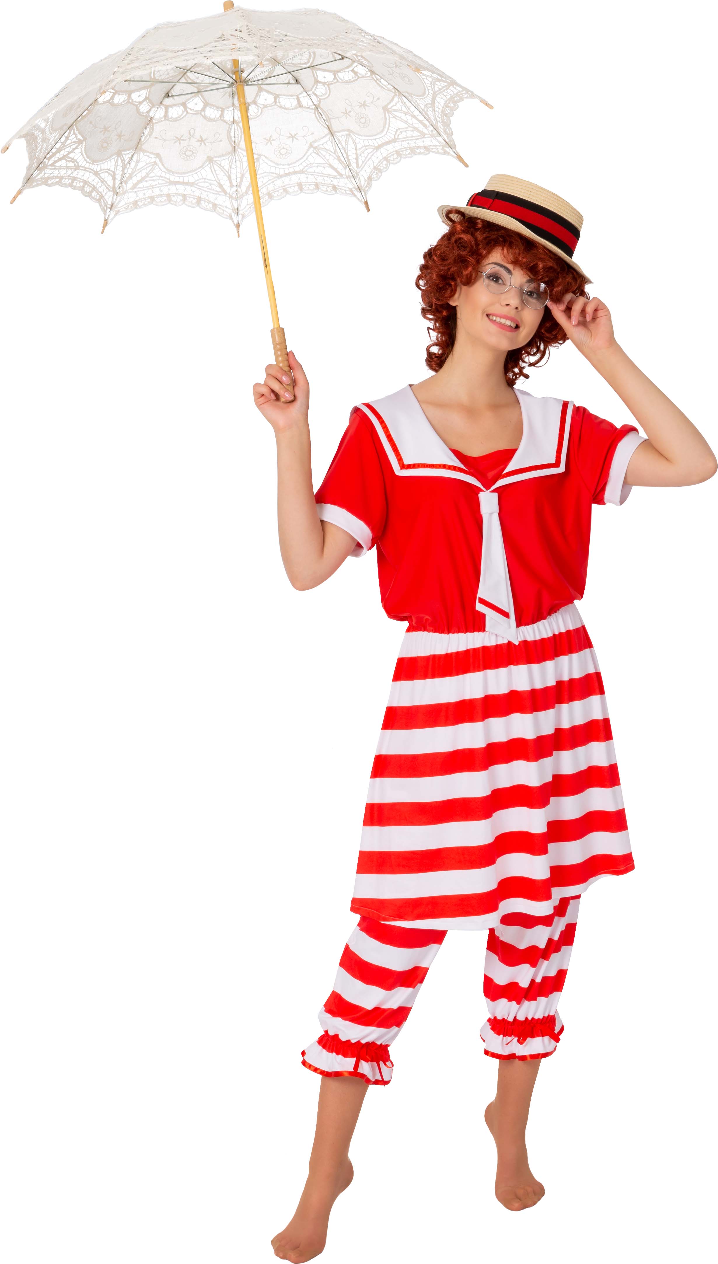 Swim dress retro, red and white striped, ladies