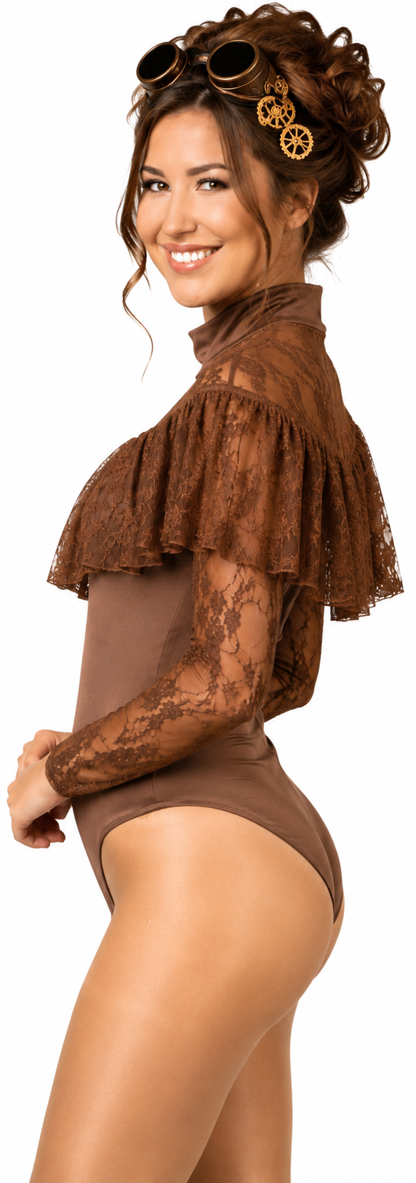 Body à volants en dentelle, marron