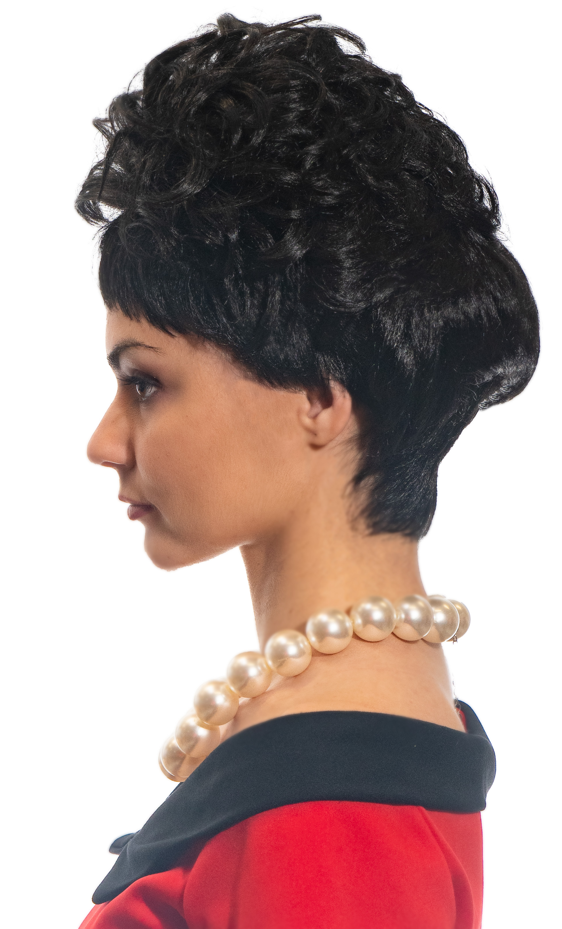 50s lady hair style, short, highly toupeed, black