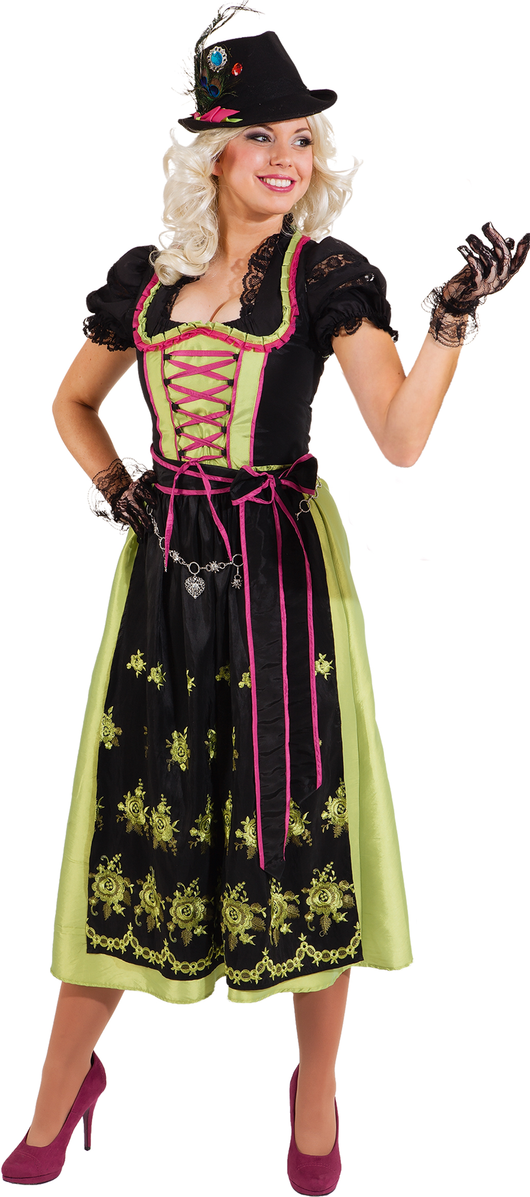 Dirndl lang, schwarz-grün-pink 