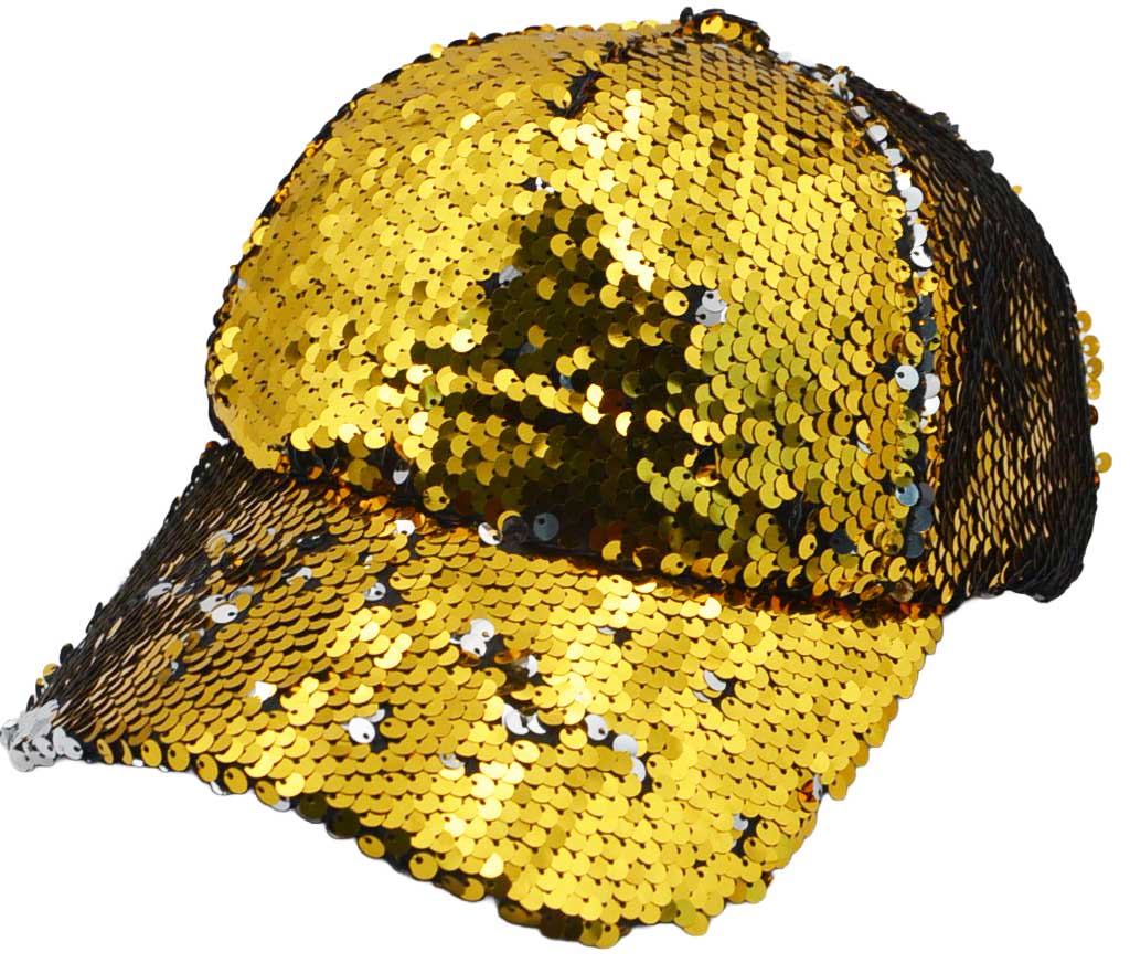 Reversible sequinned baseball cap, gold-silver