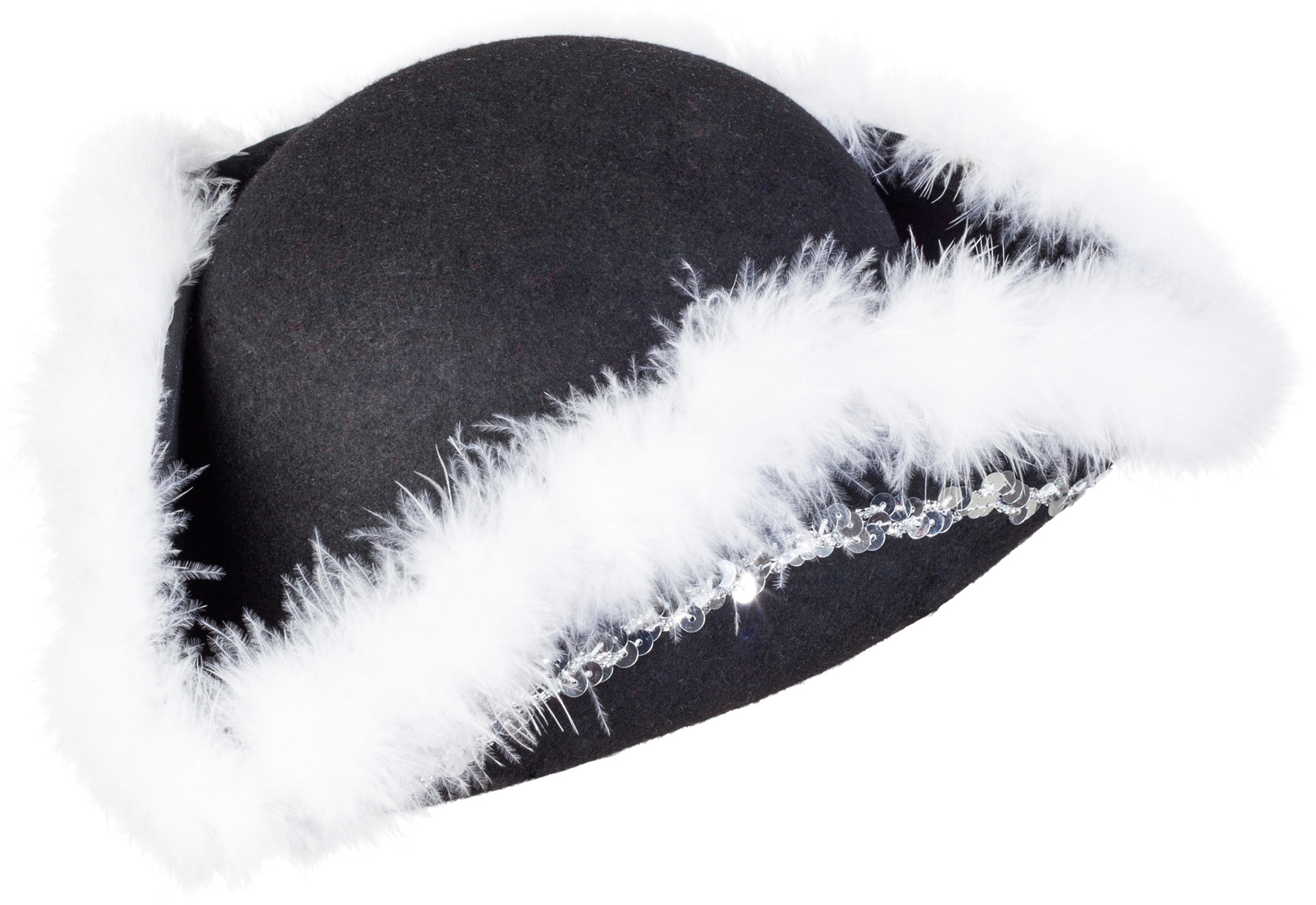 Chapeau tricorn, noir à bordure et marabou