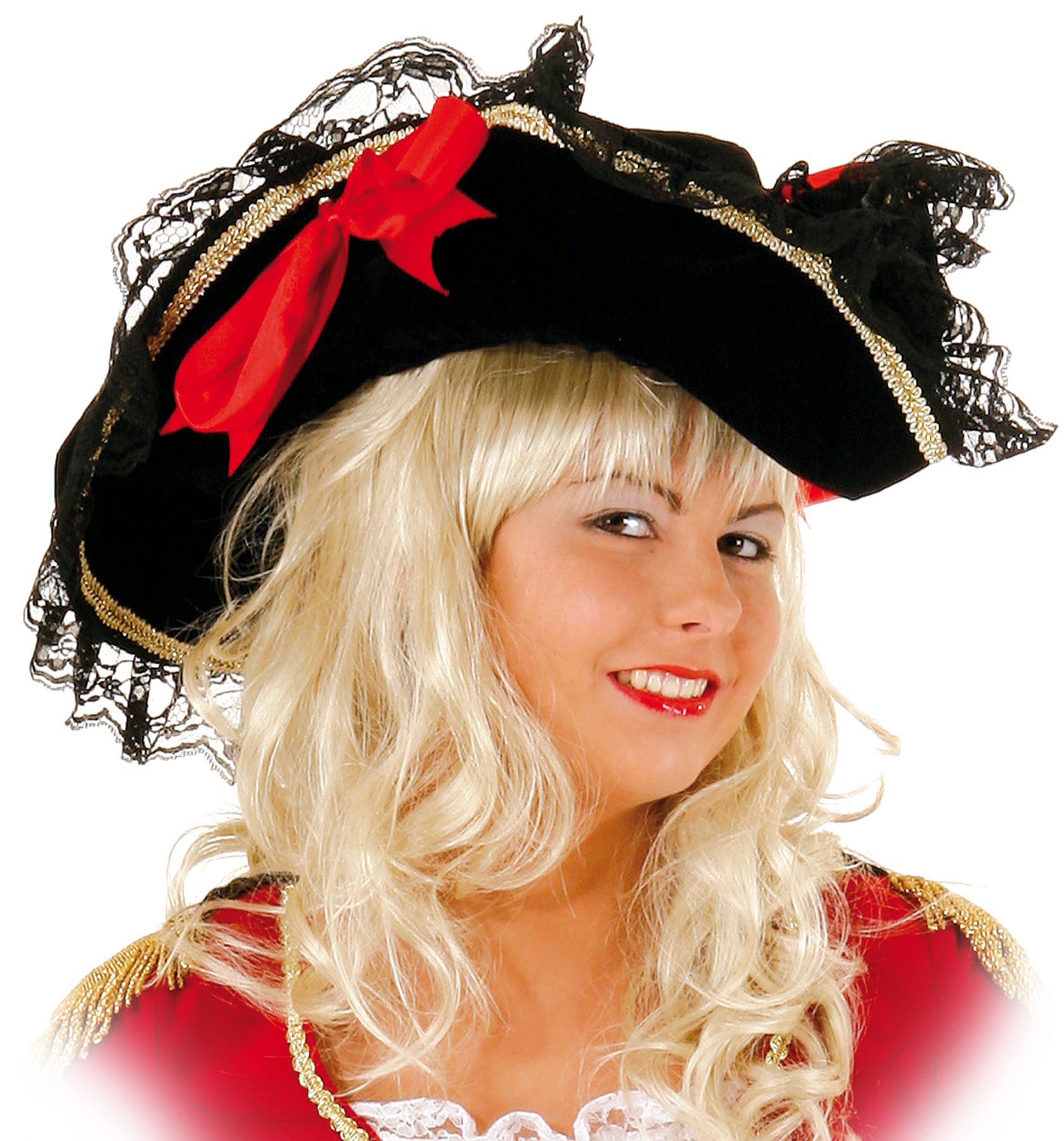 Lady's hat, black with lace and red bows