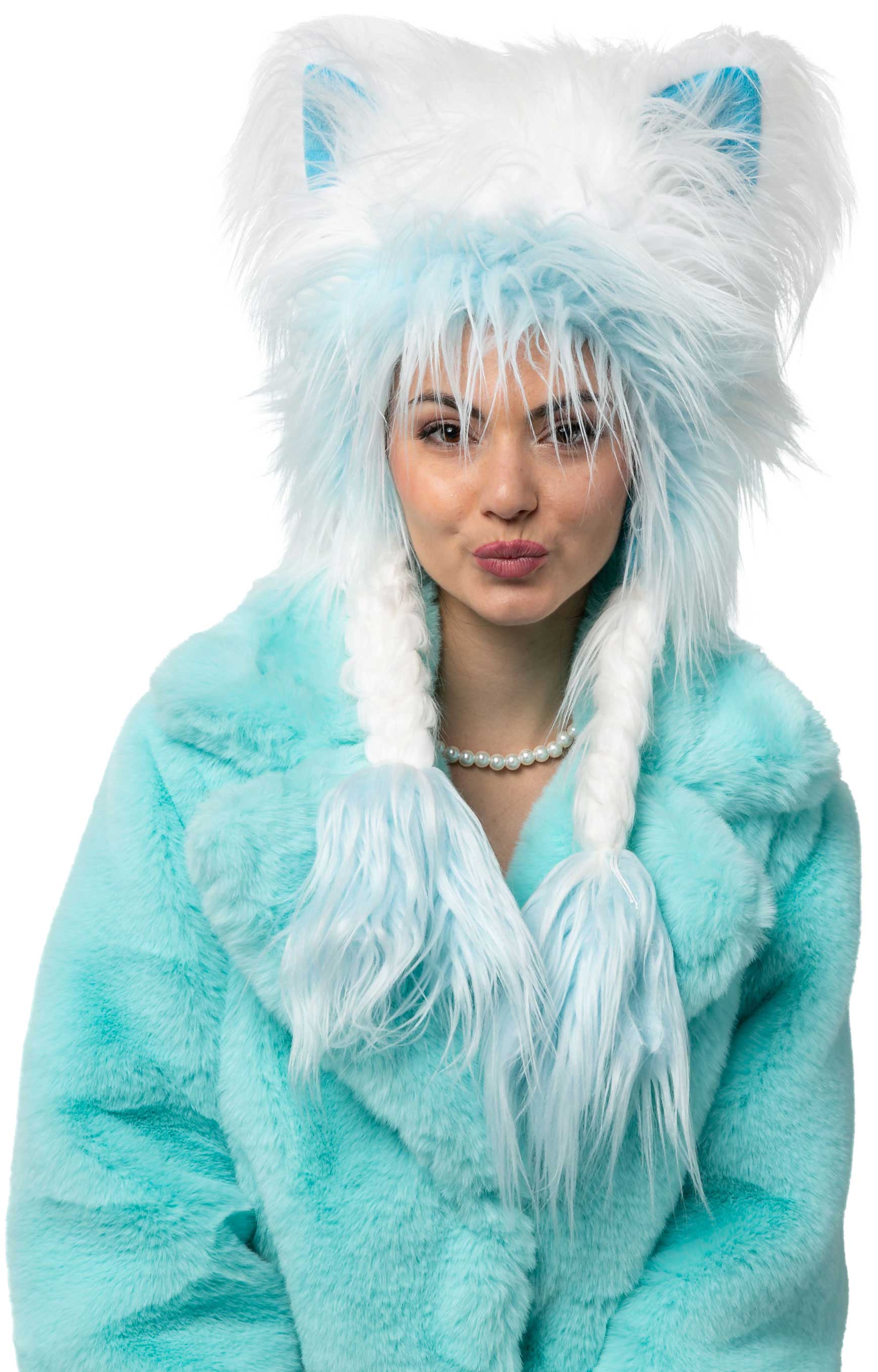 Bonnet en peluche hirsute, renard polaire