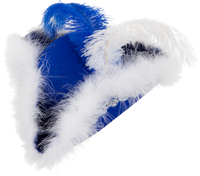 Chapeau tricorn, bleu à plumes et bordure