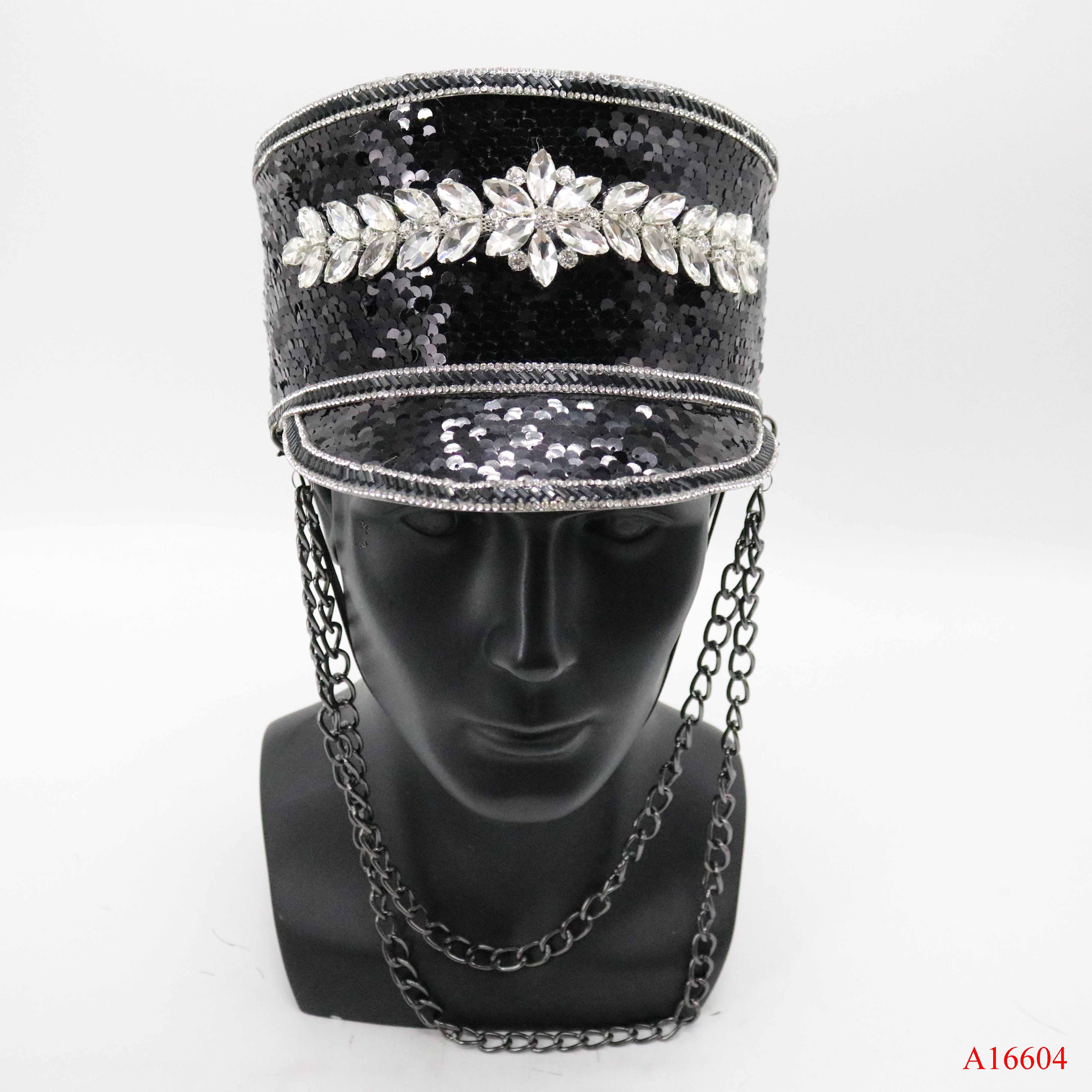 peaked cap with sequin trim