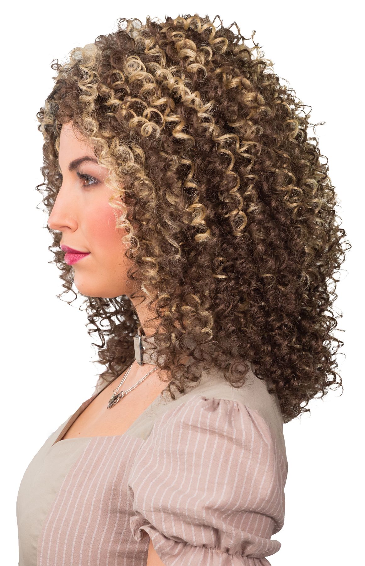 Ladies curly wig, brown with blond streaks