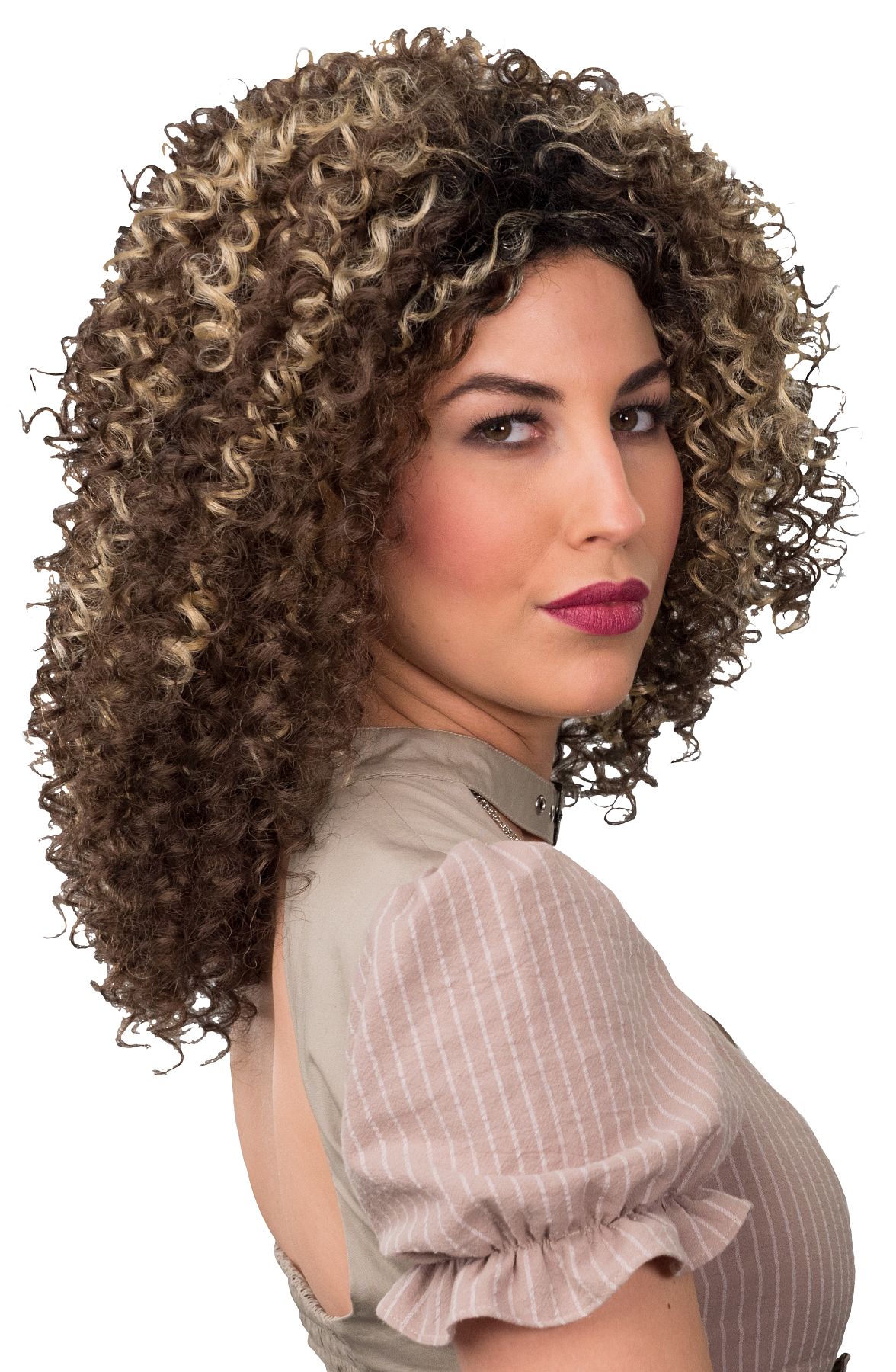 Ladies curly wig, brown with blond streaks