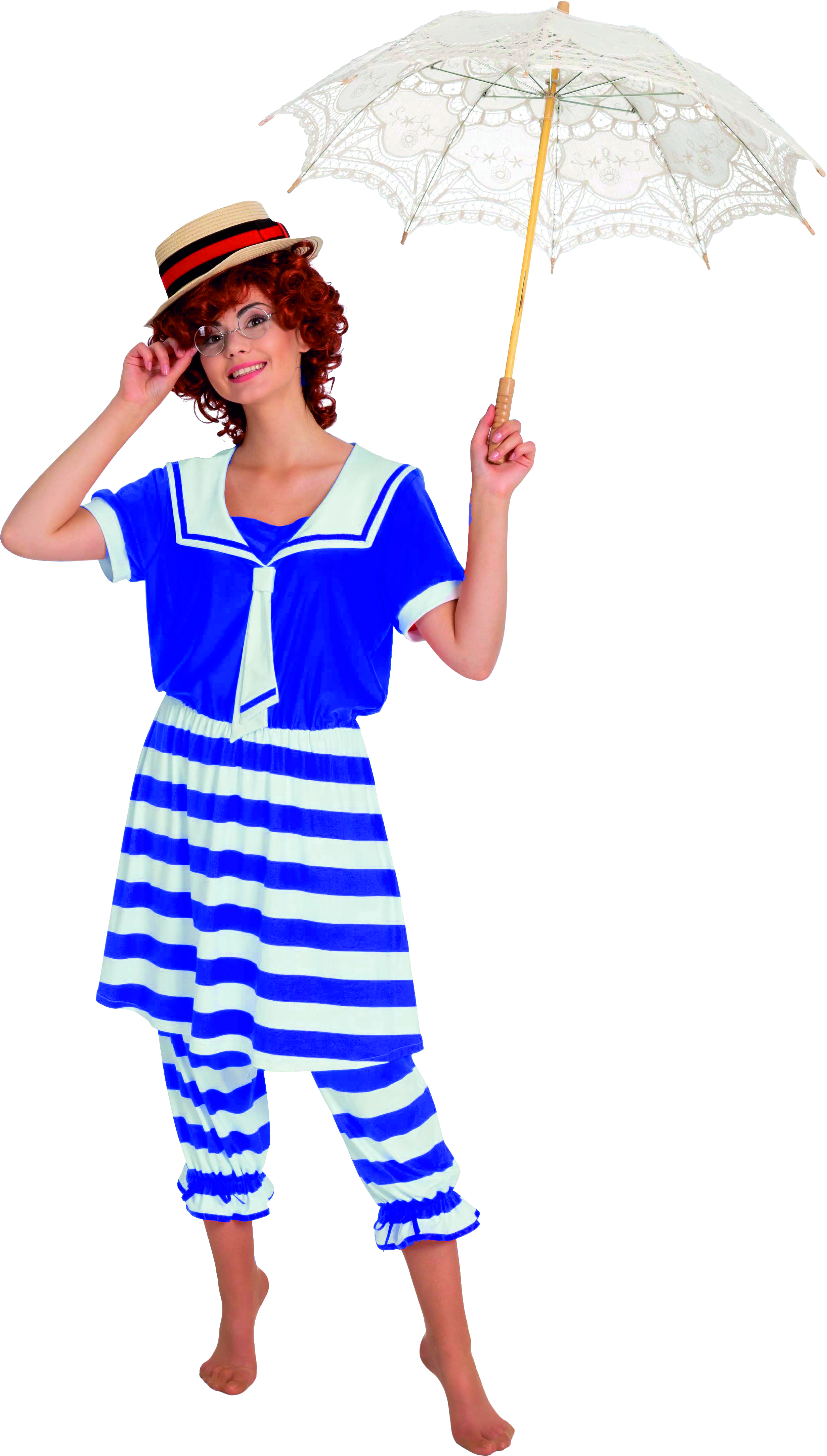 Swim dress retro, blue and white striped, ladies