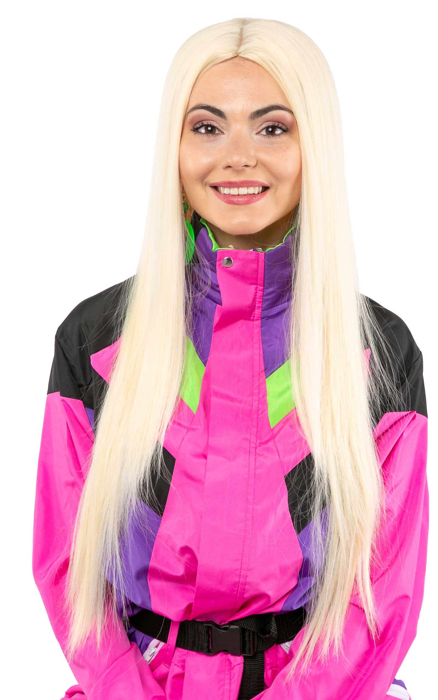 Wig: long hair, middle parting, straight, blonde