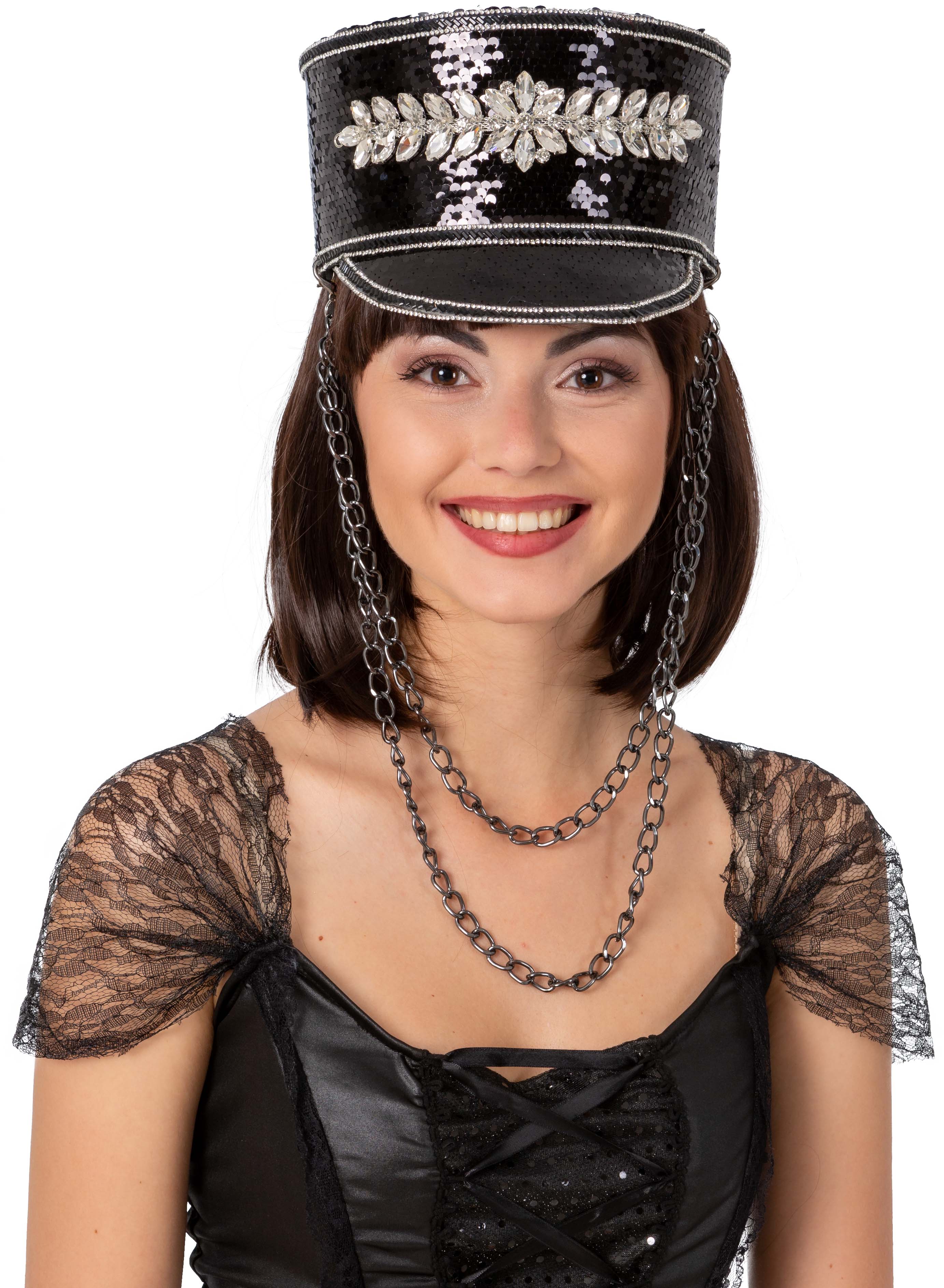 peaked cap with sequin trim, black