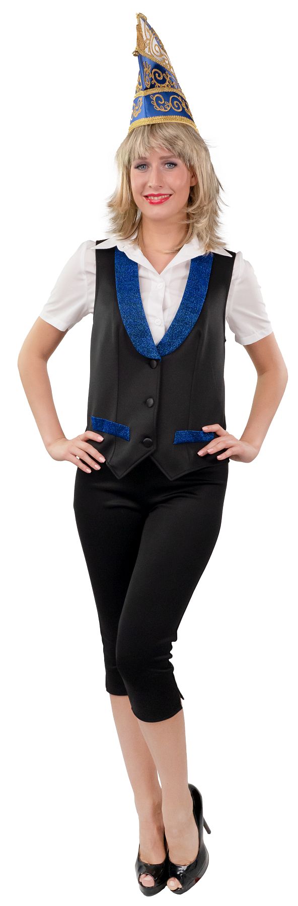 Vest black with lurex collar blue