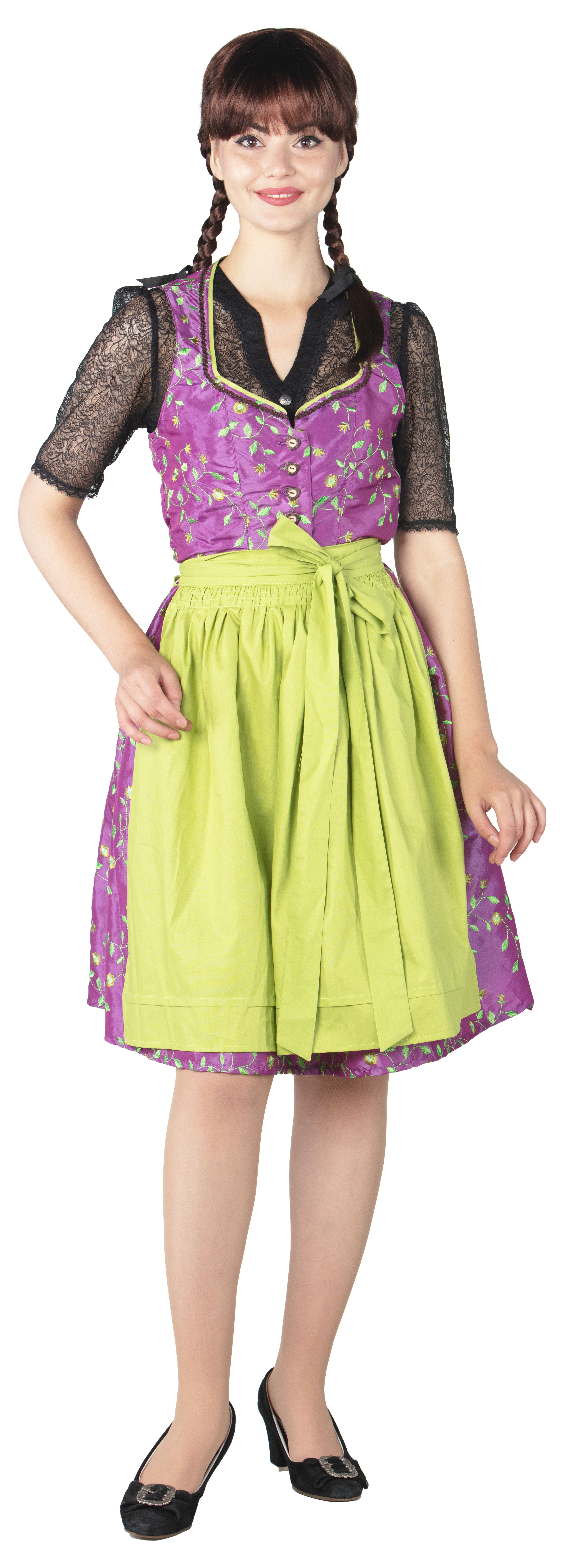Dirndl fuchsia-limettengrün mit Schürze