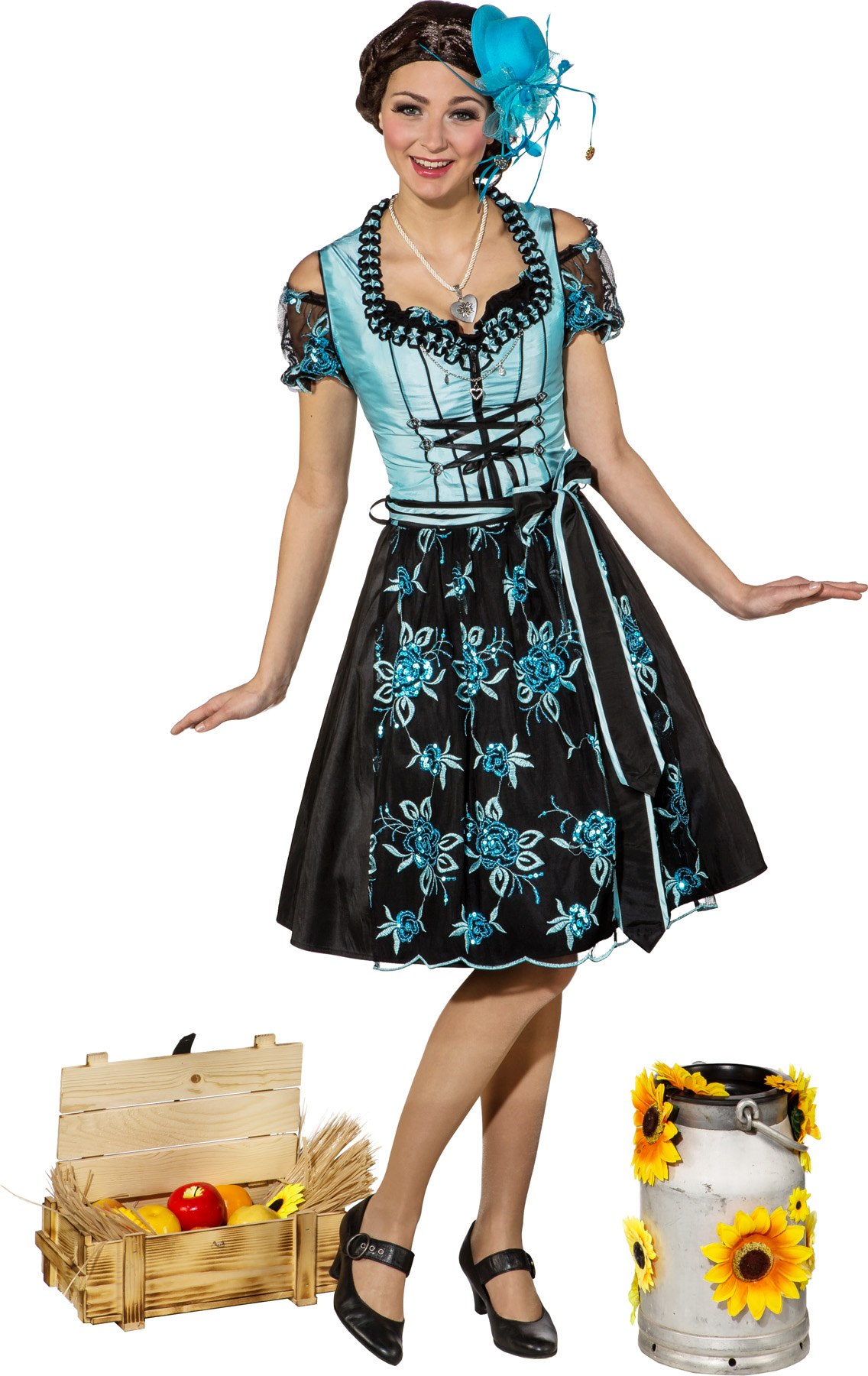 Bavarian dress ''Dirndl''midi, turquoise-black