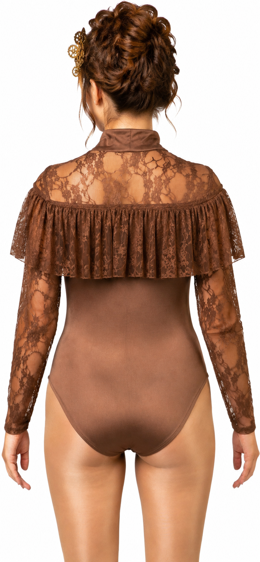 Body à volants en dentelle, marron