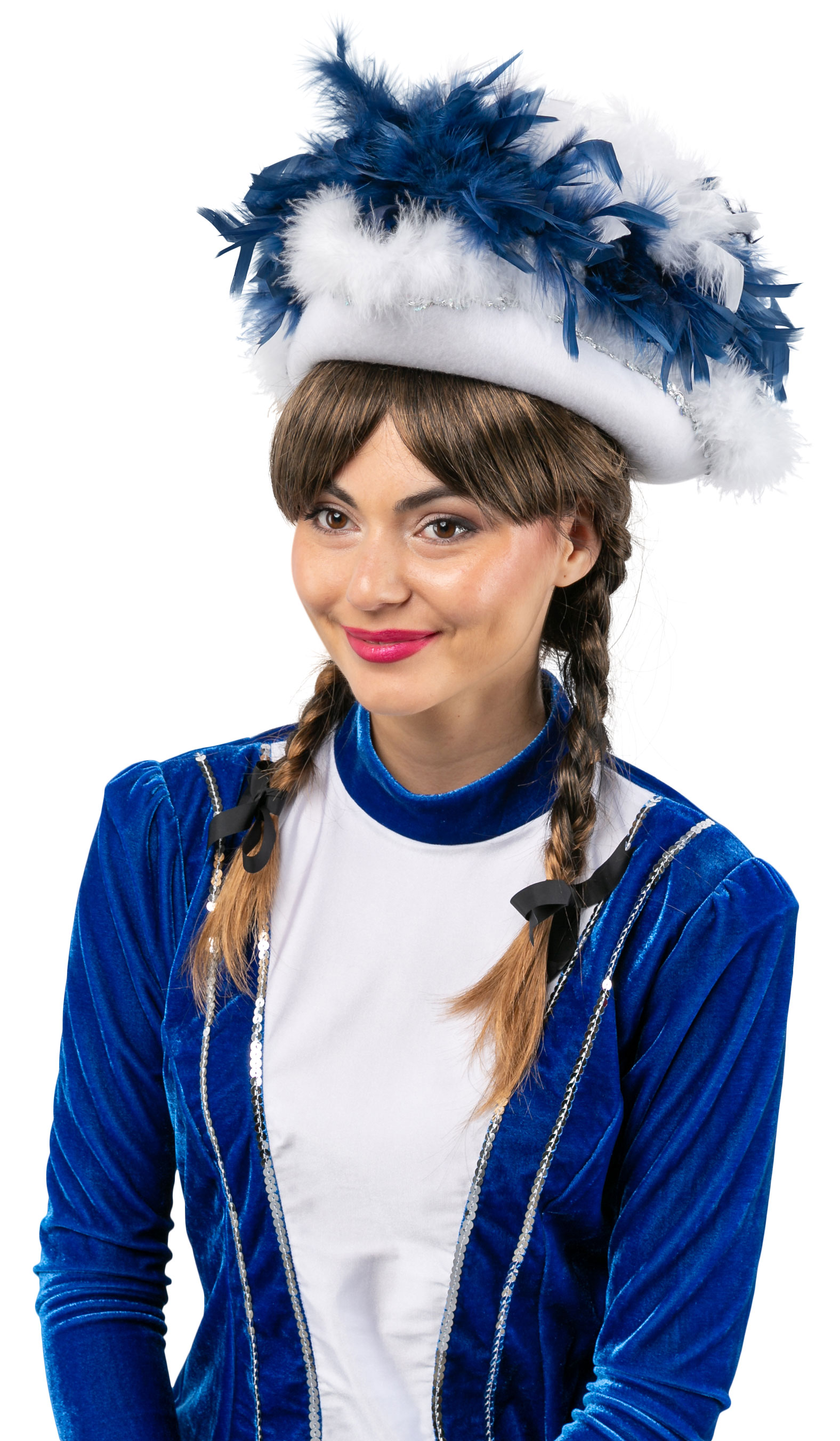 dancing costume hat, white with blue boa